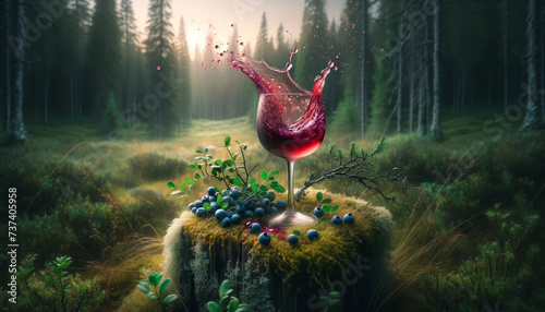 Splash of blueberry wine in the forest in the north
