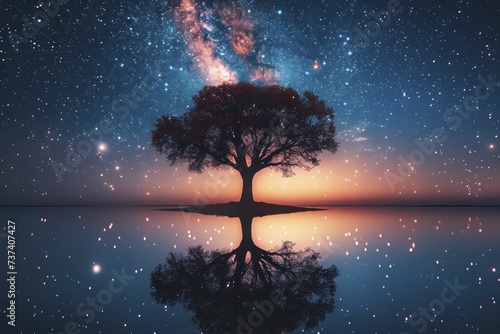 A solitary tree under the stars, reflecting the solitude and peace found in nature scenes