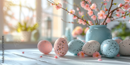 Pastel Easter eggs adorned with spring blossoms on a bright windowsill setting.