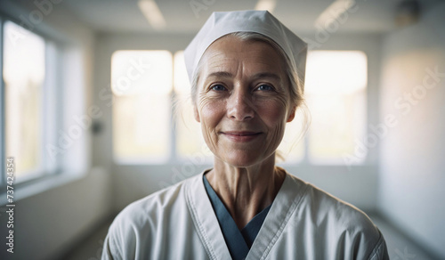 Confident Old Norwegian Female Doctor or Nurse in Clinic Outfit Standing in Modern White Hospital, Looking at Camera, Professional Medical Portrait, Copy Space, Design Template, Healthcare Concept