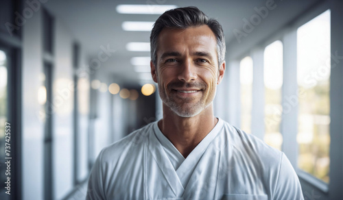 Confident Mid-Age American Male Doctor or Nurse in Clinic Outfit Standing in Modern White Hospital, Looking at Camera, Professional Medical Portrait, Copy Space, Design Template, Healthcare Concept