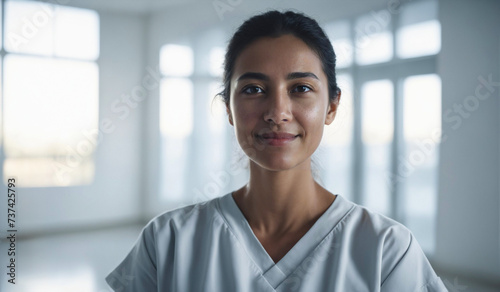 Confident Mid-Age Mexican Female Doctor or Nurse in Clinic Outfit Standing in Modern White Hospital, Looking at Camera, Professional Medical Portrait, Copy Space, Design Template, Healthcare Concept