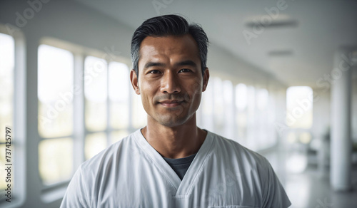 Confident Mid-Age Indonesian Male Doctor or Nurse in Clinic Outfit Standing in Modern White Hospital, Looking at Camera, Professional Medical Portrait, Copy Space, Design Template, Healthcare Concept