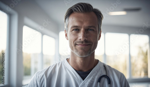 Confident Mid-Age Swedish Male Doctor or Nurse in Clinic Outfit Standing in Modern White Hospital, Looking at Camera, Professional Medical Portrait, Copy Space, Design Template, Healthcare Concept