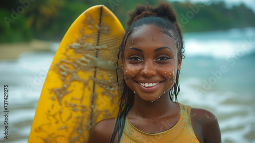 Confident African girl surfer holding her surfboard and walking into the ocean with waves in background in Sao Tome and Principe,generative ai