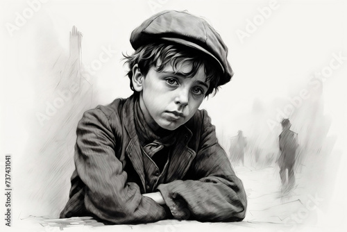 Pencil style drawing of sad Victorian era boy. Generative AI image.