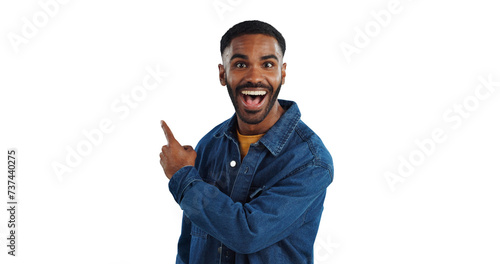 Happy man, portrait and pointing with surprise for advertising or marketing on a transparent PNG background. Excited, smile or young male person showing notification, deal or alert for amazing offer