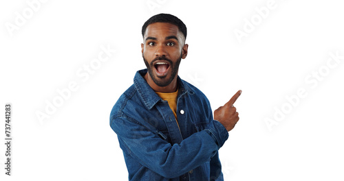 Black man, surprise and portrait with hand pointing with shock from advertisement and news. Wow and male person with modern fashion and clothes with info isolated on a transparent, png background