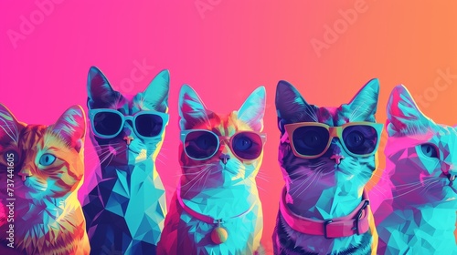 Group of cats in sunglasses on colorful neon background