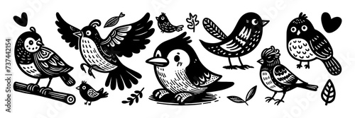 Bird flying tweet cute cartoon doodle set. Bird dove sparrow animal flight vector set