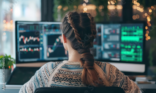 back view of professional female trader looking at monitor with stock exchange graph or chart, woman trading forex or cryptocurrency
