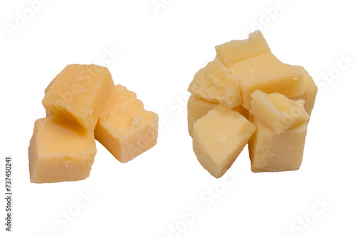Cheese cubes isolated on a white background.