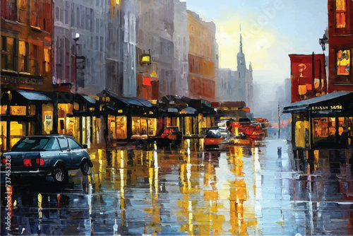 Beautiful city skyline view oil painting. Oil paintings city landscape. Skyline city view. city landscape painting, background of paint. City landscape with beautiful buildings, roads, and lights.