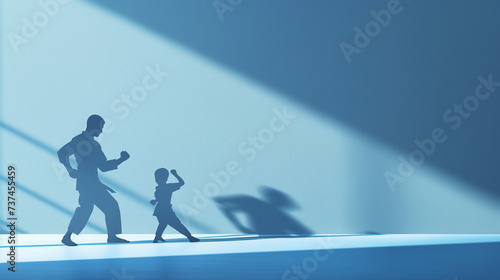 Dynamic Karate Practice: Realistic Silhouettes of Man and Kid in Martial Arts Training Against Cool Blue Background