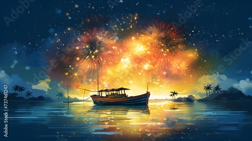 small maldives island with fireworks in sky, small fishing boat in ocean, fireworks in sky, Award winning digital art . The background is a mix of bright colors and patterns, and there s a sense oo