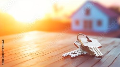 House keys on a wooden surface with a warm sunset and home in the background. Concept of new home ownership, real estate purchase, and property investment. Banner with copy space