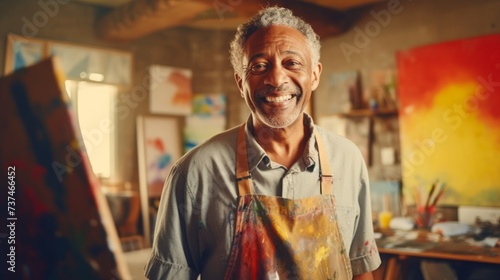 Mature smiling African American man artist next to his artwork in an art studio. Concept of artistic talent, senior creativity, art therapy, interesting hobby, exciting leisure time, oil painting