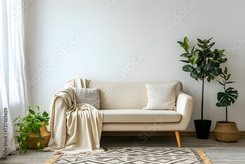 design for cozy modern bedroom, bed room, living room, soft colors. Nice modern french design for a room, catalogue. Beige and grey. Furniture store. Abstract painting on the wall. 