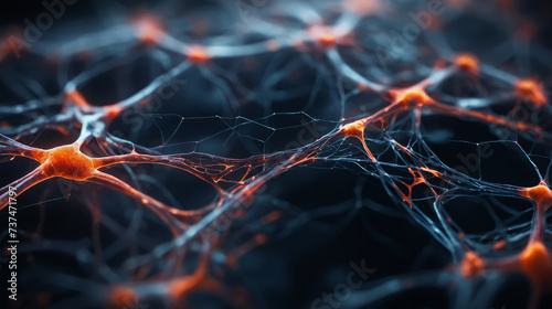 Conceptual illustration of neural network under microscope. Synapse and Neuron cells sending electrical chemical signals.