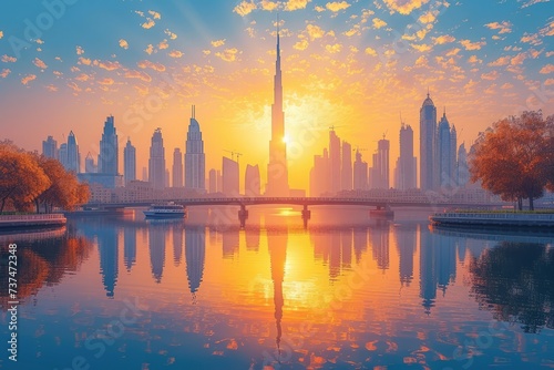 A view of Dubai's skyline with the Burj Khalifa in the center