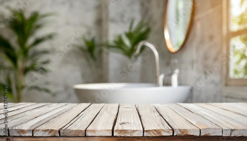 bleached wooden table for product display on defocused bathroom background
