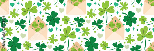 St. Patrick's Day shamrock background. green clover and festive envelope seamless pattern.