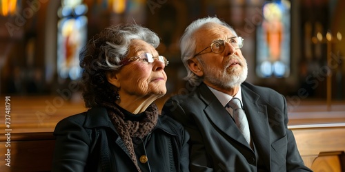 Elderly couple mourns together during a somber church service for a loved one. Concept Grief Support, Church Service, Mourning Together, Elderly Couple, Somber Atmosphere