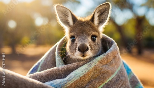 very young joey kangaroo wrapped up in a blanket protected from the cold rescued and at a kangaroo sanctuary in alice springs northern territory australia