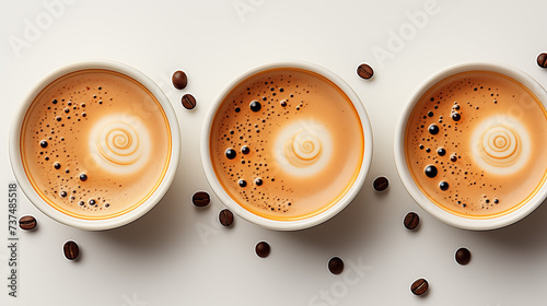 coffee cups with milk and steam isolated on white background. Morning concept. Breakfast relaxation time concept. Different coffee mugs and cups