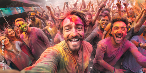 image of a cheerful man with a colored face celebrating the festival of colors Holi. Man having fun with colorful paints, Holi festival