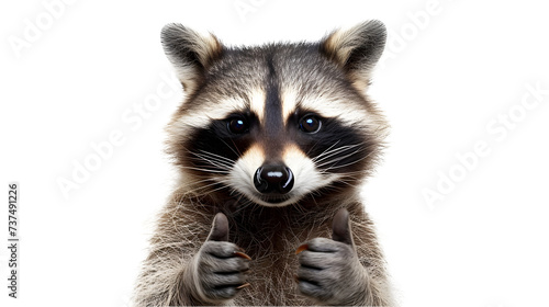 A raccoon giving a thumbs up isolated on white background -