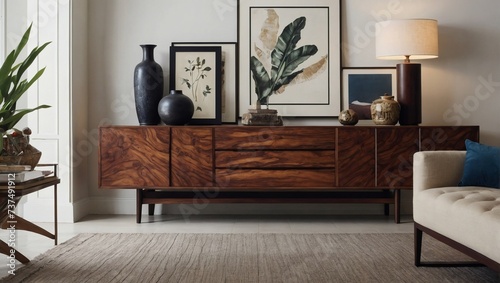 Exotic wood credenza and carefully curated accessories elevating a white living room interior.