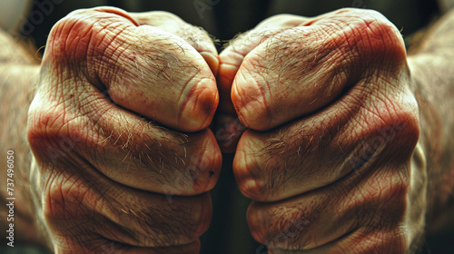 Anger: A close-up of a person's clenched fists, knuckles white with tension, veins bulging, and brows furrowed in frustration.