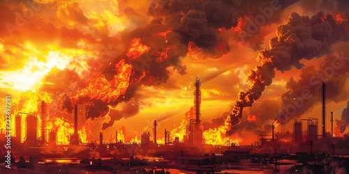 A fiery refinery scene depicting a crisis with a large oil fire. Concept Fiery refinery crisis, Oil fire disaster, Dramatic industrial accident, Emergency response, Dangerous inferno