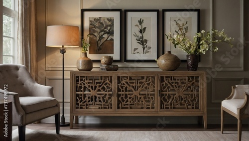 Traditional oakwood sideboard and artistic decor pieces enhancing a neutral living room.