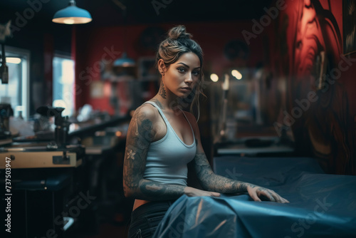 Tattooed Woman Contemplating in Tattoo Parlor