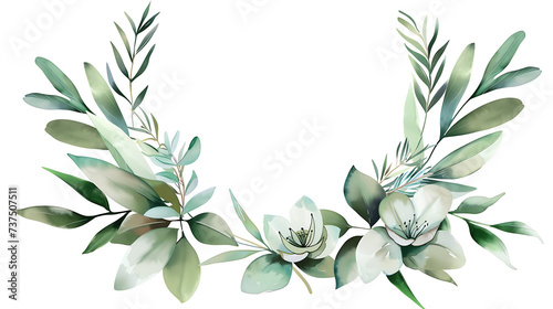 Watercolor green floral illustration on white background. Leaf frame, border, for wedding stationary, greetings, wallpapers, fashion, anniversary