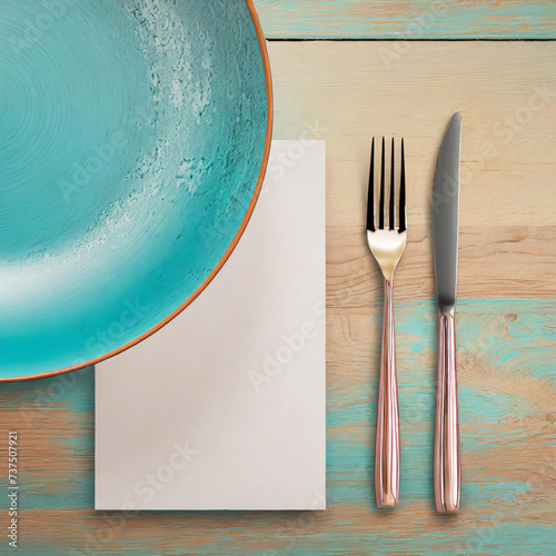 Detalhe de um prato de louça na cor verde, sobre superfície de madeira com dois talheres e um cardápio em branco, para escrever. Espaço para texto.
