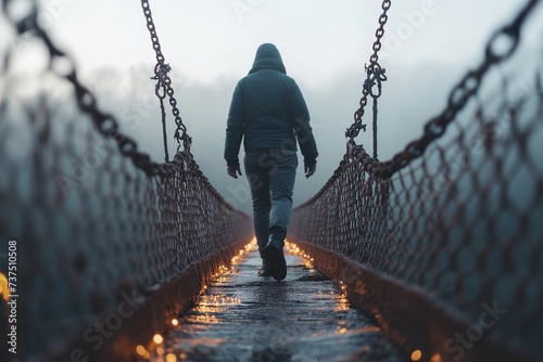 A man breaks from his chains and walks on a bridge. 