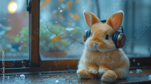 Charming Plush Bunny with Headphones Illustration Generative AI