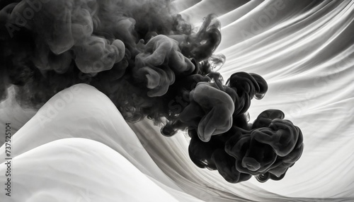 abstract black smoke blot on white wave flow horizontal contrast copy space background