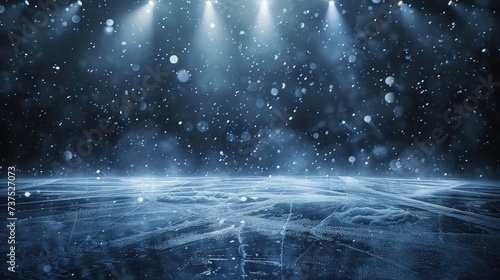Snow and ice background. Empty ice rink illuminated