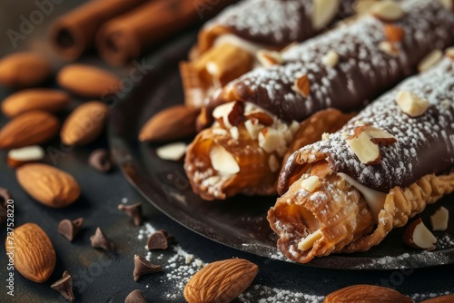 Focused on cannoli with almonds and chocolate