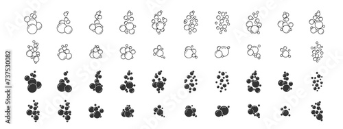 Set of flat linear icons with bubbles. Soap foam, fizzy drink, oxygen bubble Set of silhouette and linear vector icons for design, with editable strokes.