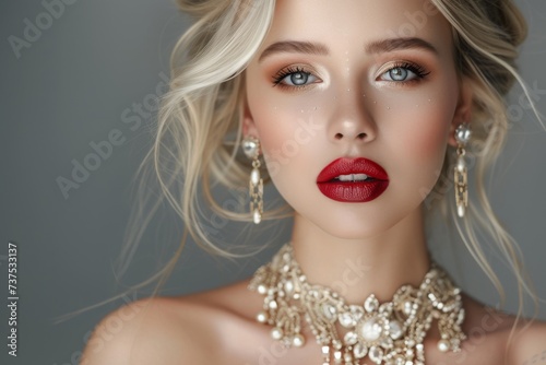 Blonde woman wearing fashionable jewelry and holiday inspired makeup poses as a bridal model with a wedding style in a studio shot against a grey b