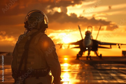 Fighter pilot and supersonic jet during sunset at military airbase