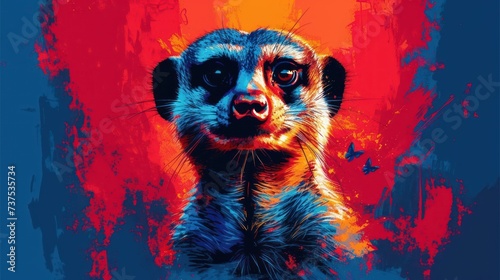 a painting of a meerkat looking at the camera with red and blue paint splatters on it.