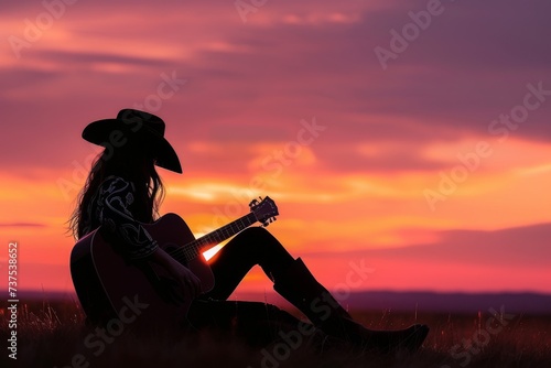 Cowgirl playing guitar with sunset
