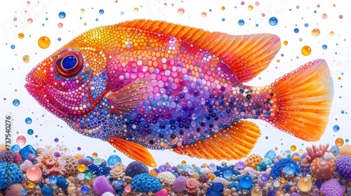 a painting of a colorful fish in a sea of seaweed and corals with bubbles of water on a white background.