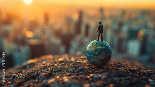 Spielzeug Mann steht auf einer miniatur-Erde auf einem Stein als Makro fotografiert und eine Stadt als Bokeh oder Blur im Hintergrund das Bild steht für globalen Einfluss